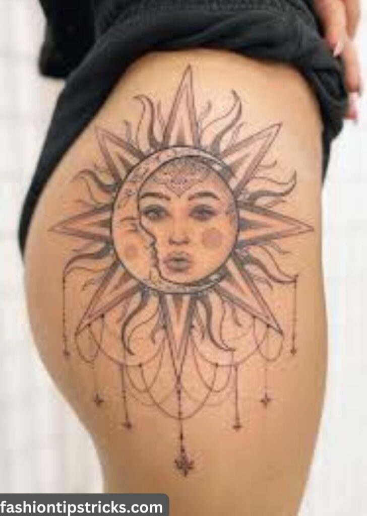 Sun-and-Moon Thigh Tattoo: Divine Concordance