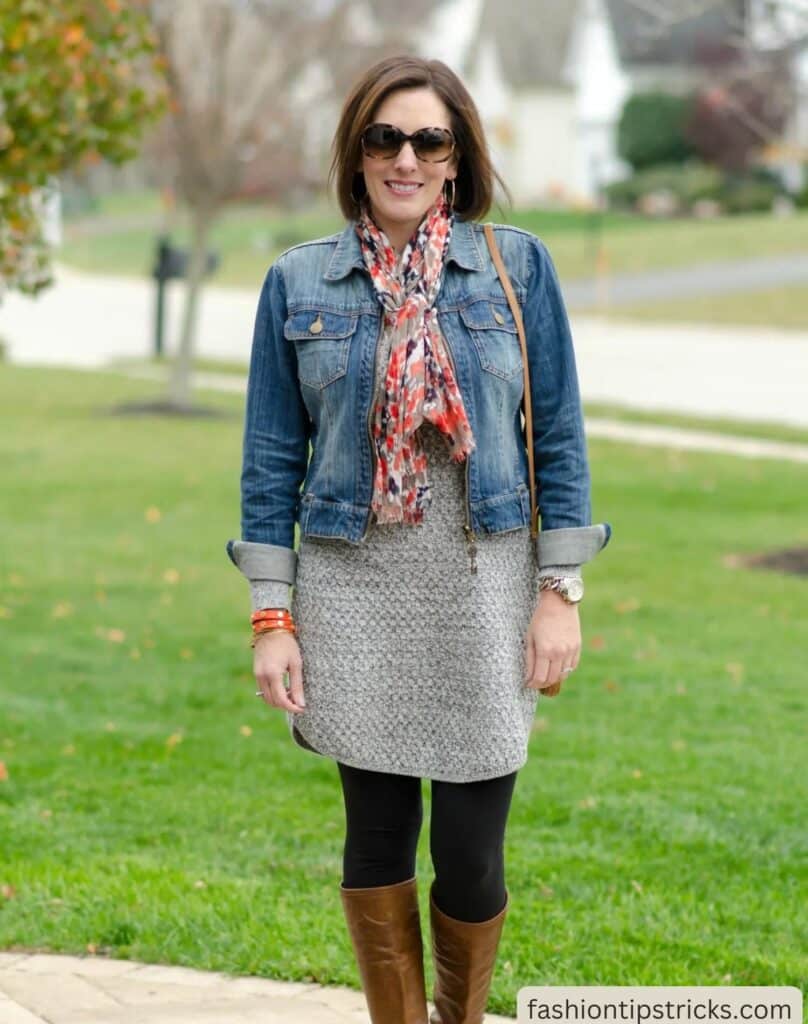 Neutral Knit Dress with a Denim Jacket